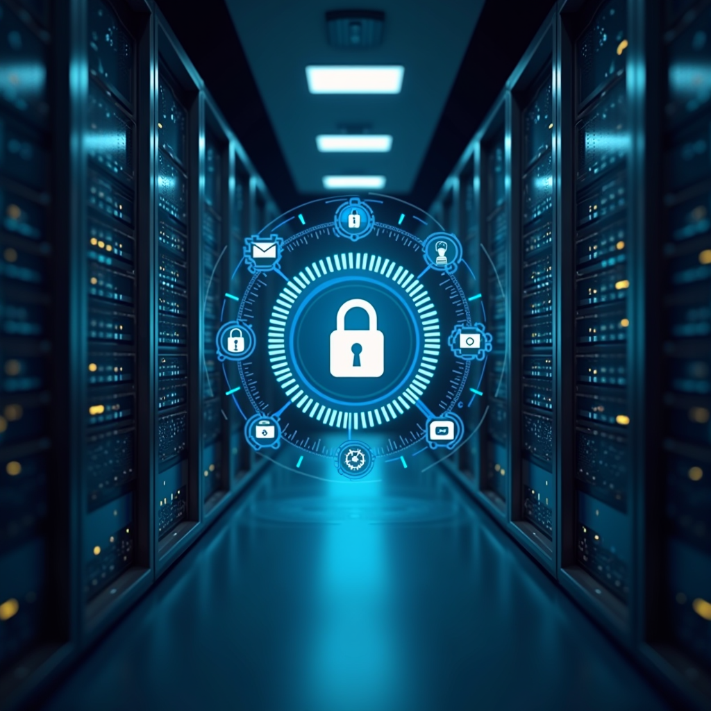 Modern e-ticaret ödeme altyapısı görseli: güvenli sunucu odası, dijital şifreleme sembolleri, PCI DSS sertifika logosu, kredi kartı güvenlik simgeleri ve veri koruma katmanlarını temsil eden teknik diyagram