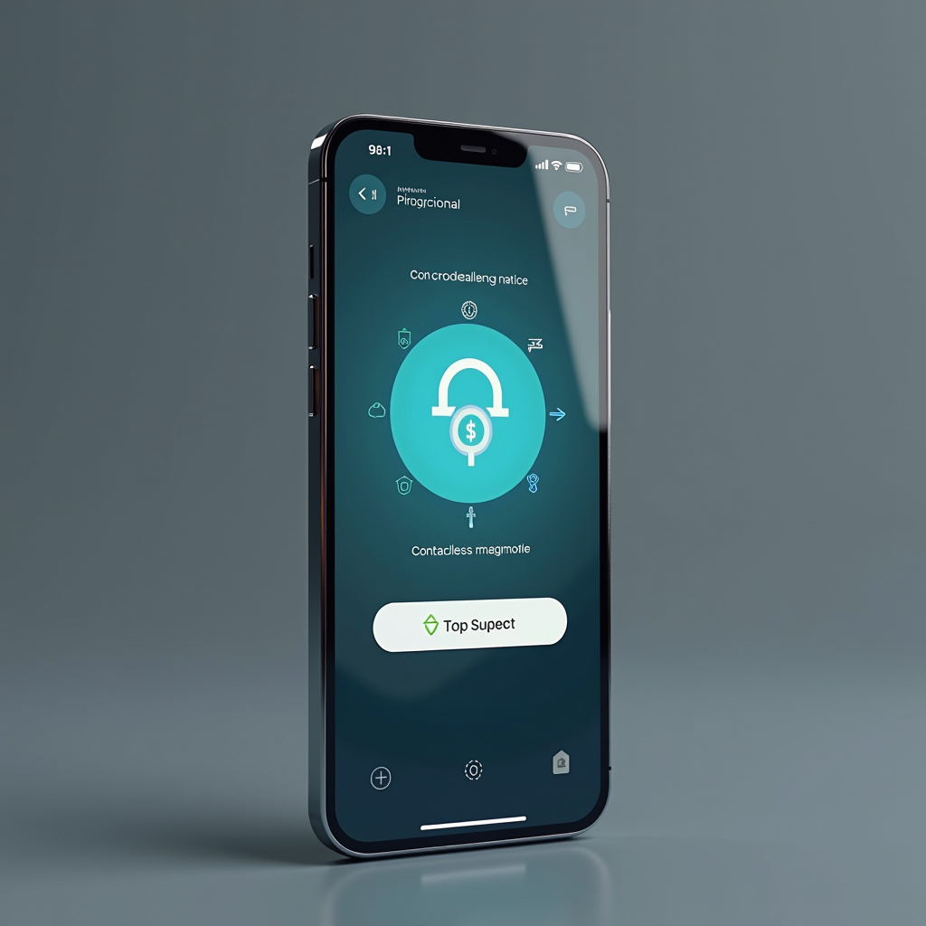 Modern mobil ödeme arayüzü gösteren akıllı telefon ekranı, temassız ödeme ikonu ve güvenlik sembolleri ile